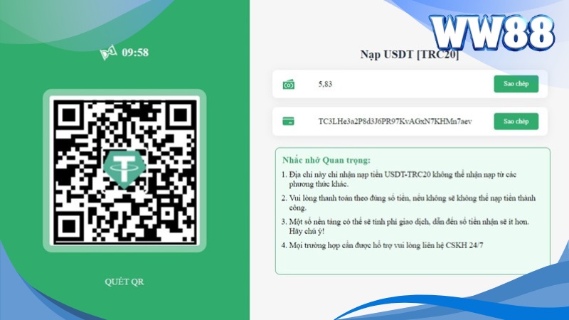 Hướng Dẫn Nạp Tiền WW88 Cực Chi Tiết Theo Nhiều Cách 4 Nạp tiền WW88 qua USDT